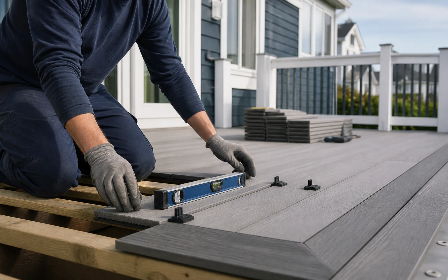 Deck carpenter precisely aligning composite boards
